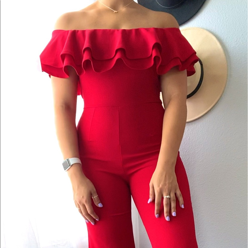 Forever 21: Red Off the shoulder Ruffled Jumpsuit